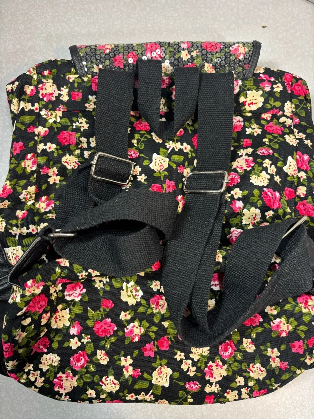 Candie's Black Floral Sequin Backpack with Pink & Cream Accents